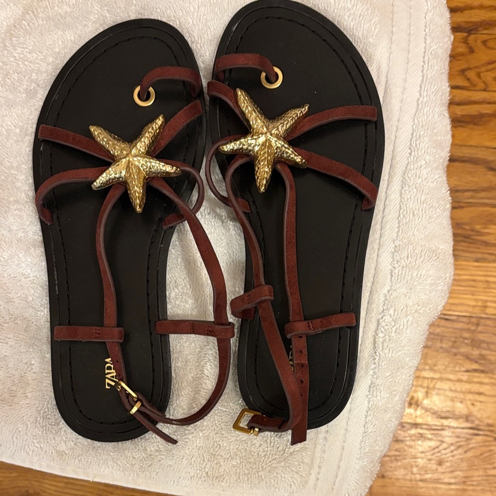 Zara Black and Brown Sandals with Gold Accent